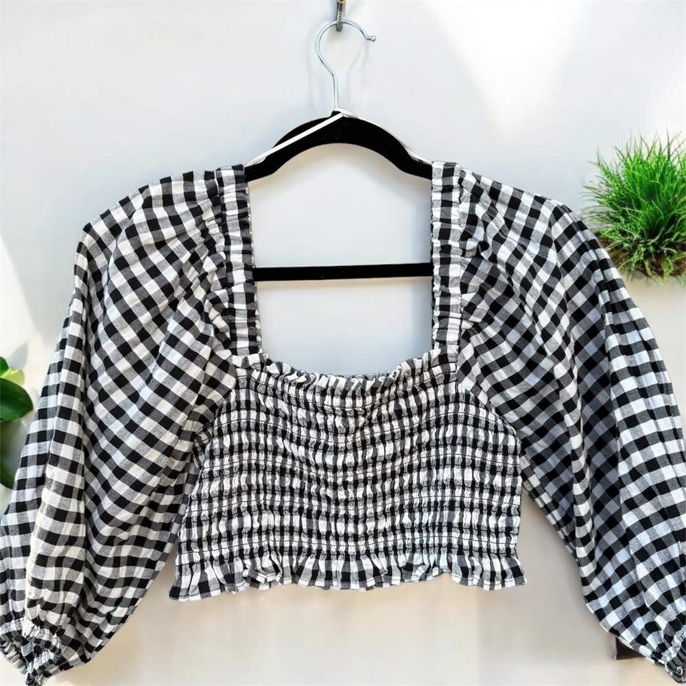 Gina Tricot Gingham Smocked Crop Top Small